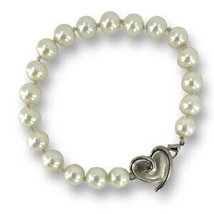 Mary Kay Heart Charm Link Knotted Faux Pearl Beaded Bracelet 7.5" Lobster Claw C